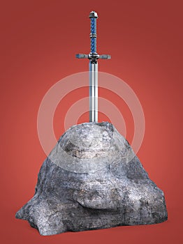 sword excalibur King Arthur stuck in the rock stone isolated render. metaphor of candidate applicant test photo