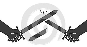 Sword fight. Victory, broken sword. Flat vector illustration isolated on white