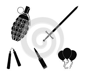 Sword, hand grenade, cartridge, nunchaki. Weapons set collection icons in black style vector symbol stock illustration