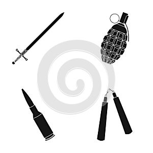 Sword, hand grenade, cartridge, nunchaki. Weapons set collection icons in black style vector symbol stock illustration
