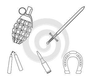 Sword, hand grenade, cartridge, nunchaki. Weapons set collection icons in outline style vector symbol stock illustration