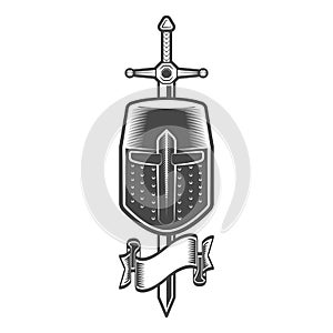 Sword and helmet of a medieval crusader knight with ribbon in monochrome style isolated vector illustration