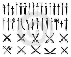 Sword icons set. Vector Ancient swords signs and crossed pictograms
