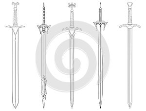 Sword line art SET. Ancient Longsword. Saber. Blade Tattoo