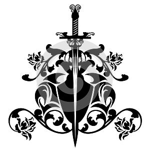 Sword and rose flowers black vector design