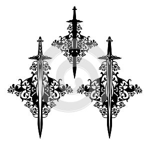 Sword and rose flowers medieval style black and white vector heraldic decor