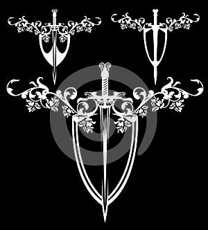 Sword, shield and rose flowers black and white vector heraldic design