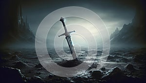 Sword in Stone on Dark Fantasy Landscape