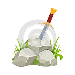 Sword in stone, medieval myth in cartoon style isolated on white background. Magical excalibur with gold details