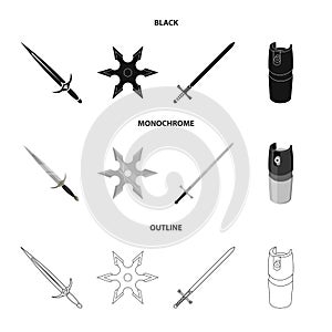 Sword, two-handed sword, gas balloon, shuriken. Weapons set collection icons in black,monochrome,outline style vector