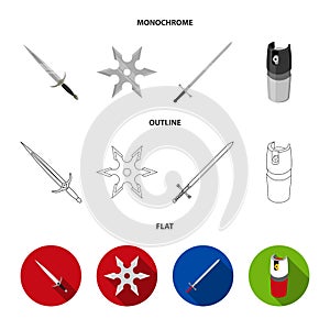Sword, two-handed sword, gas balloon, shuriken. Weapons set collection icons in flat,outline,monochrome style vector