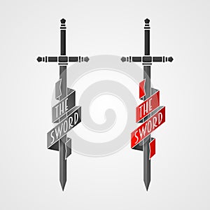 Sword vector icon.. Two sword vector icon with ribbon on balde.