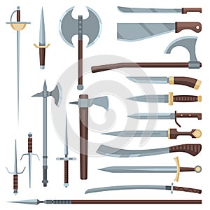 Sword vector medieval ancient weapon of knight with sharp blade and pirates knife illustration broadsword set of steel