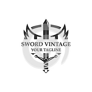 Sword vintage logo design. illustration sword element, can be used as logotype, icon, template coat of arms