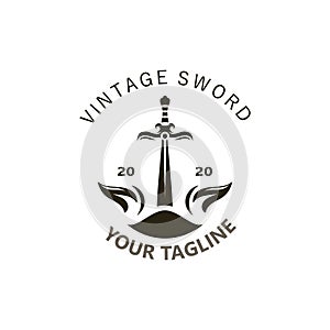 Sword vintage logo design. illustration sword element, can be used as logotype, icon, template coat of arms