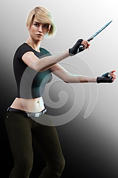 Sword wielding beautiful urban fighter woman 3D