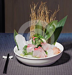 Swordfish sashimi with radishes, lemon and ginger gari