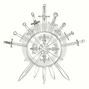 Swords cross crosswise and shields (drawn in ink). photo