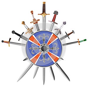 Swords cross crosswise and shields. photo