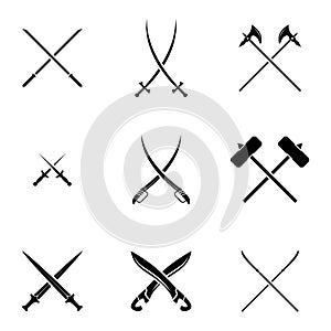 Swords Set. Collection of Crossed Knight Sword Ancient Weapon silhouettes Design