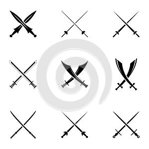 Swords Set. Collection of Crossed Knight Sword Ancient Weapon silhouettes Design