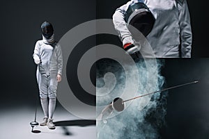 Of swordswoman fencing on black background