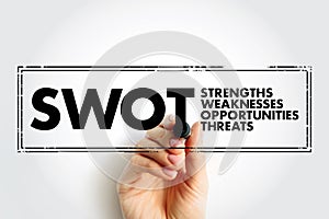 SWOT Analysis business concept stamp, strengths, weaknesses, threats and opportunities of company, strategy management, business