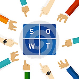 SWOT analysis business framework icon illustration hand pointing team focus on concept discus