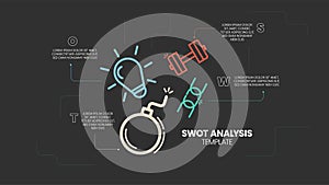 SWOT analysis infographic with icons template has 4 steps such as Strengths, Weaknesses, Opportunities and Threats. Business and