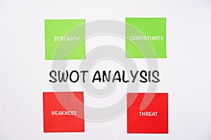 SWOT analysis wordings on sticky notes.
