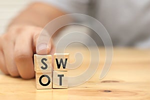 SWOT Strength Weakness Opportunity and Threats writing on wooden cube blocks, word text typography arrange on wood table