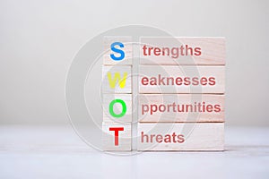 SWOT text wooden cube with Strengths, Weakness, Opportunity and Threats blocks on table background. Business and analysis concept