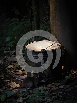 A sy metal drum almost obscuring the rat scurrying away in the gathering darkness.. AI generation
