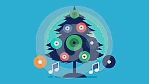 A sy pine tree surrounded by vinyl records of electronic dance music EDM techno and house music genres. Vector