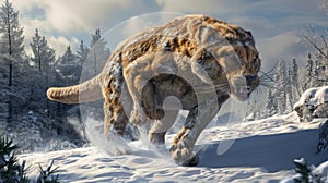 A sy and resilient smilodon its powerful body covered in thick fur to withstand the freezing temperatures of the Ice Age