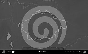 Syanno District outlined, Belarus. Grayscale