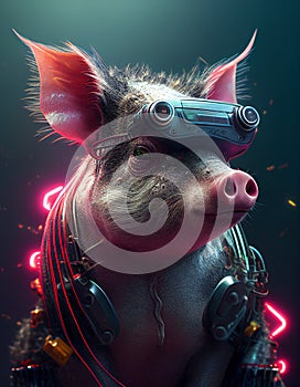 Syberpunk pig wearing robotic accessories realistic generated with AI tools