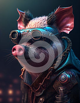 Syberpunk pig wearing robotic accessories realistic generated with AI tools