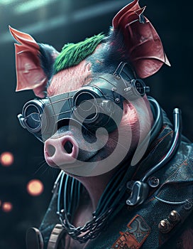 Syberpunk pig wearing robotic accessories realistic generated with AI tools