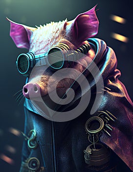 Syberpunk pig wearing robotic accessories realistic generated with AI tools