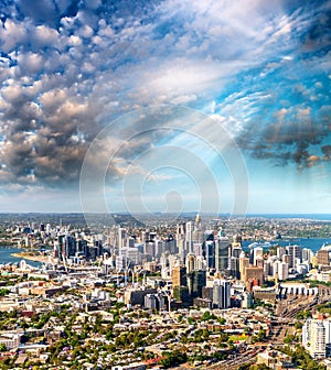 Sydney aerial view of Darling Harbour at sunset