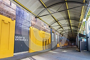 Perspective view of the entrance of the Powerhouse Museum in Sydney, Australia.