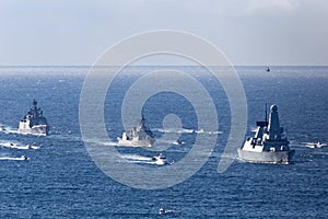 HMS Daring Type 45 Daring-class air-defence destroyer of the Royal Navy leading ships into Sydney Harbor