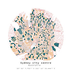 Sydney city centre, Australia, Urban detail Streets Roads color round circle Map ,vector element template image