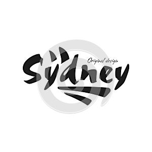 Sydney city name, original design, black ink hand written inscription, typography design for poster, card, logo, poster