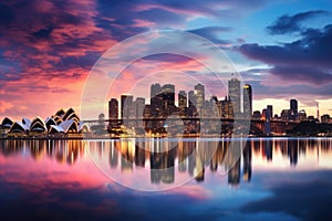 Sydney city skyline at sunset with reflection in water, Australia, Downtown Sydney skyline in Australia, AI Generated