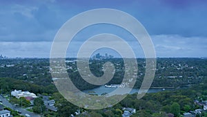 Sydney on a cloudy day. Panoramic drone aerial view over suburbs of Northern Beaches Sydney Australia