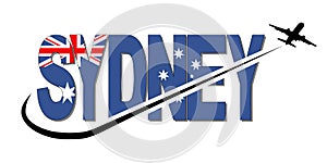 Sydney flag text with plane and swoosh illustration