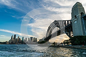 Sydney harbor bridge with Sydney CBD downtown skyline at sunset, Sydney, New South Wales, Australia