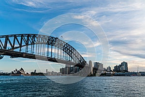 Sydney harbor bridge with Sydney CBD downtown skyline at sunset, Sydney, New South Wales, Australia